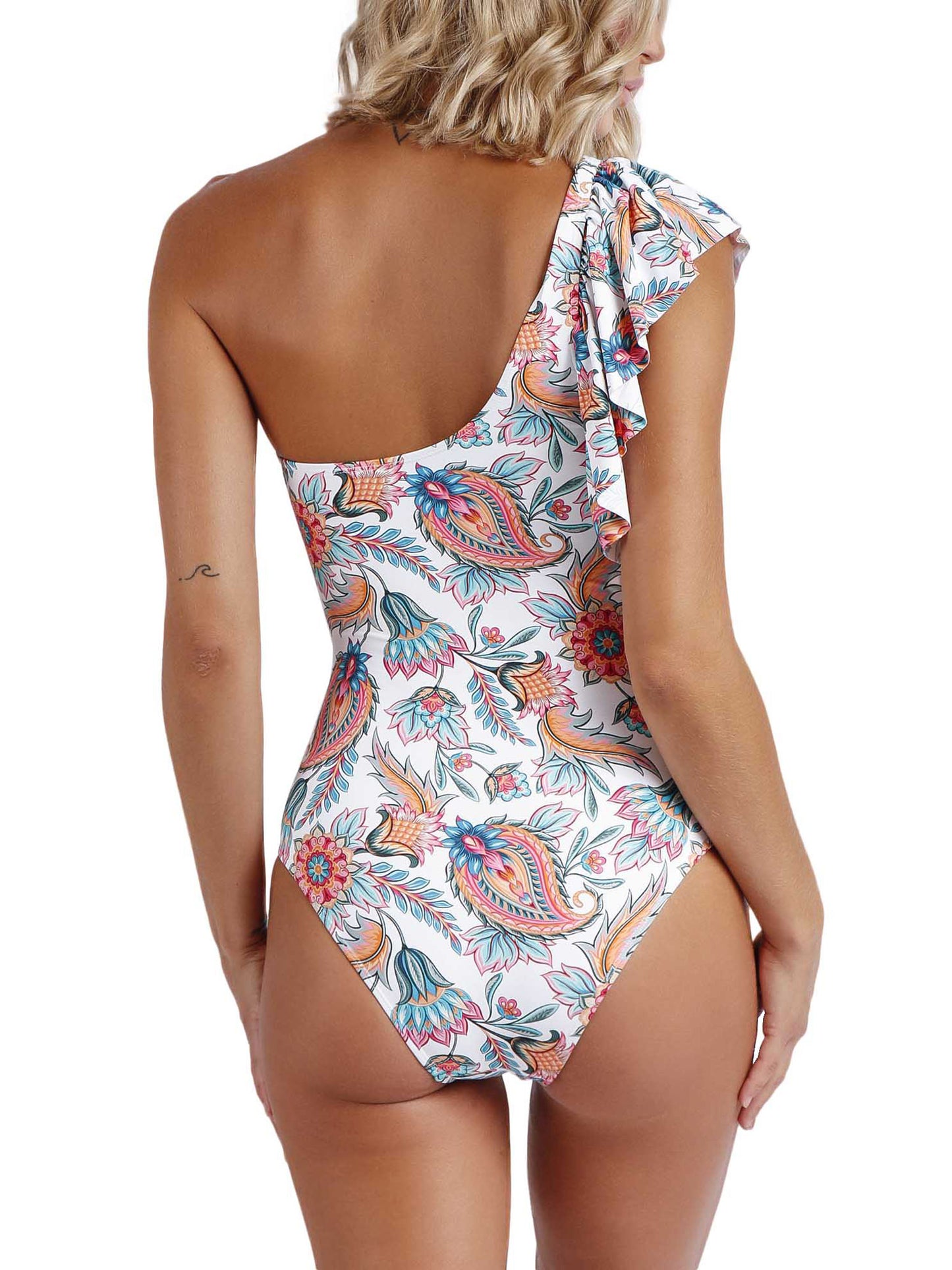 Maillot de bain une pièce asymétrique à volants White Paisley Admas