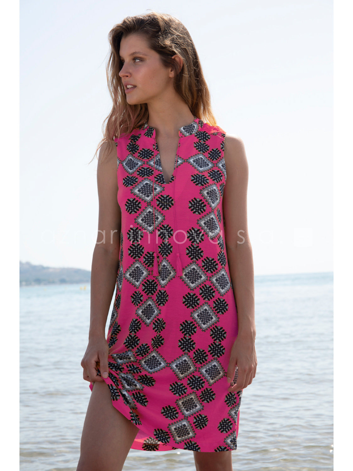 Robe estivale sans manches Art Deco fuchsia Admas