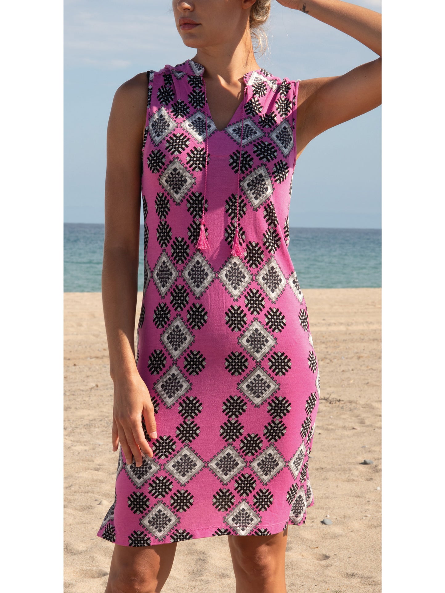 Robe estivale sans manches Art Deco fuchsia Admas