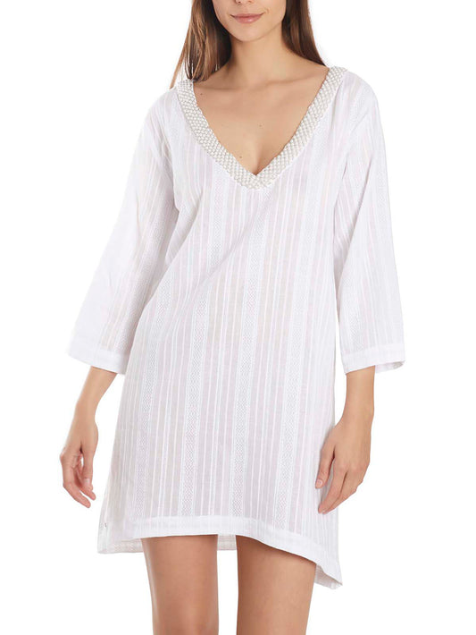 Caftan plage perles manches trois-quarts Selmark Mare